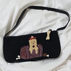 Black Suede Leather Shoulder Bag With Appliqued Dog With Bones
